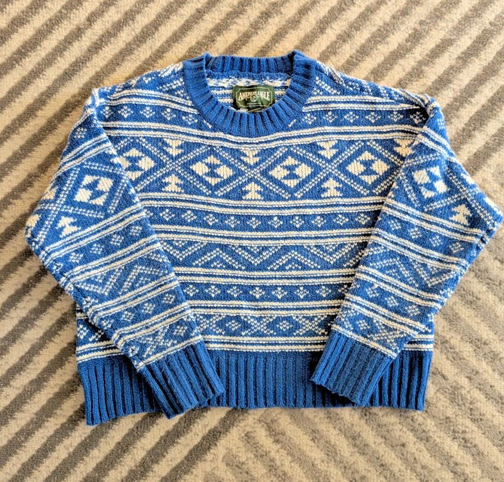 American Eagle Boxy Blue and White Knit Sweater Size S